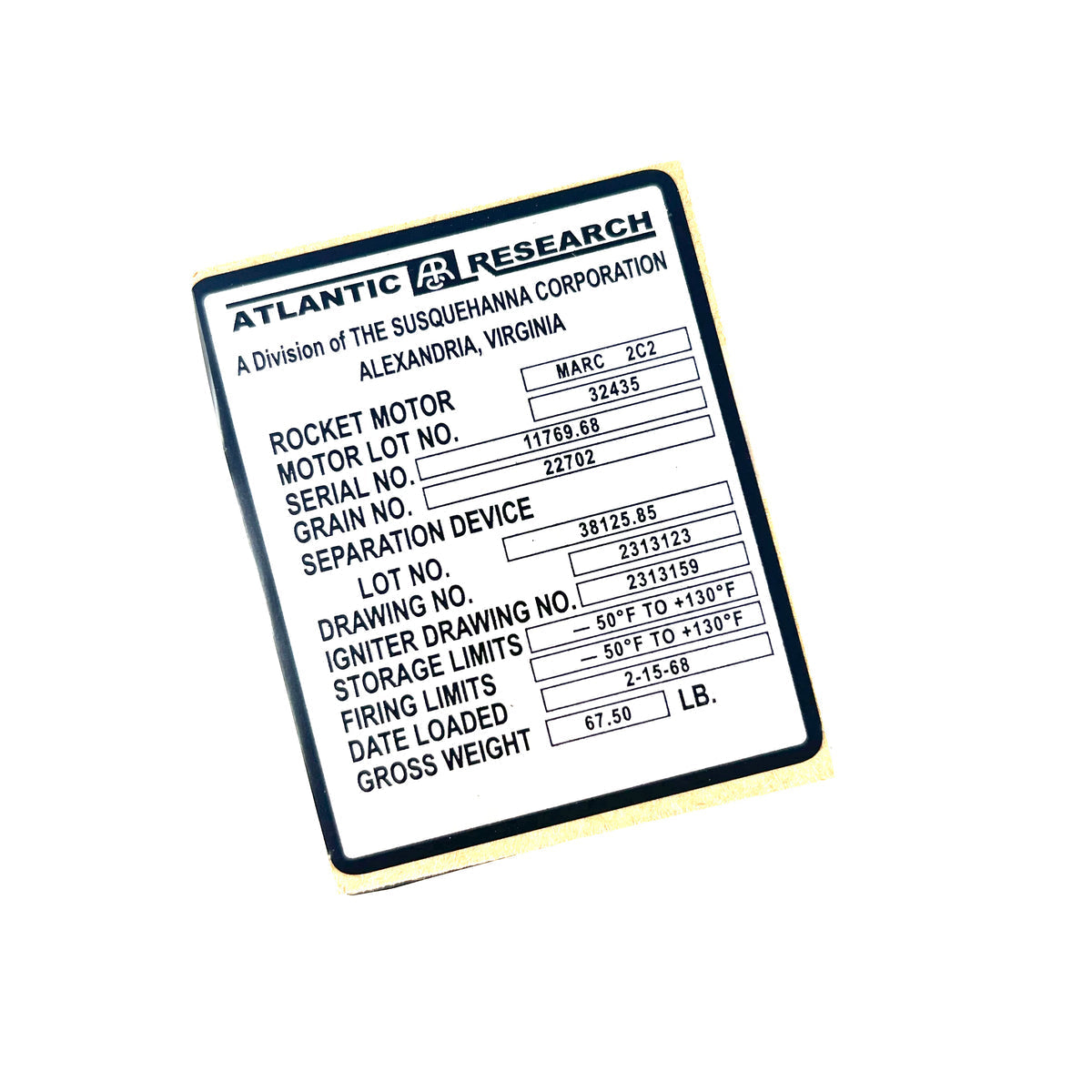 AeroTech HV Arcas Data Plate